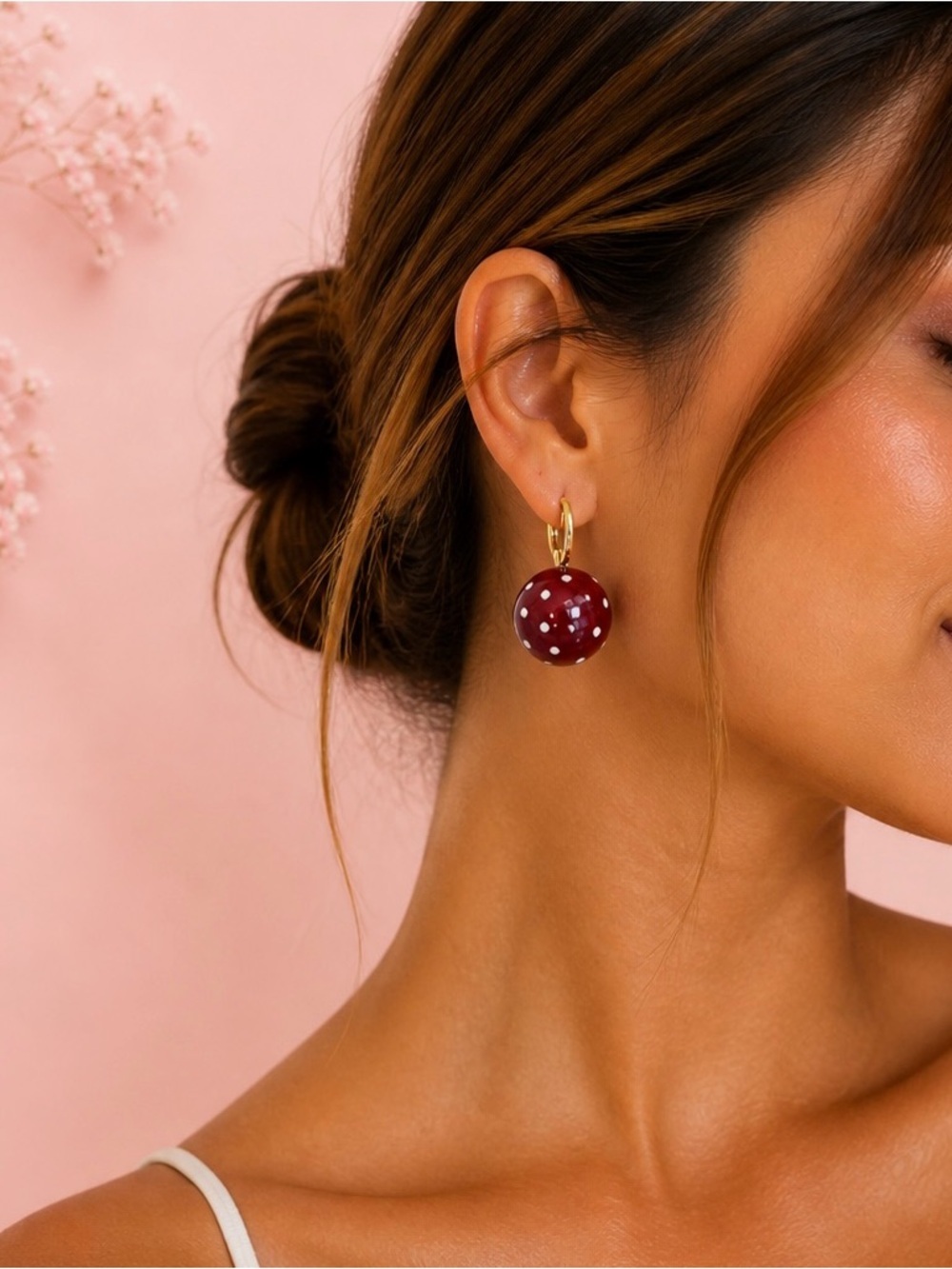 Gold Hoop Earrings with Burgundy Polka-Dot Resin Drops